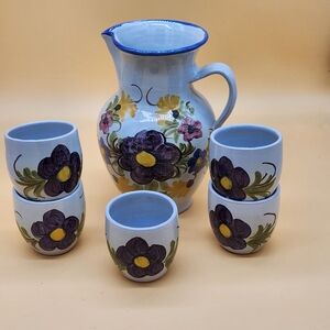 Hand Painted Floral Ceramic Pitcher And Tumbler Set - Set Of 6 Pieces